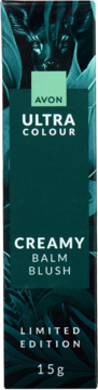 Front ciemnoturkusowego opakowania Avon Ultra Colour Creamy Balm Blush 15g, z zielonym logo i tłem z liści.