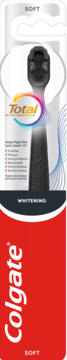Miękka szczoteczka do zębów Colgate Total Whitening Soft, czarna, w blistrze, widok z przodu.