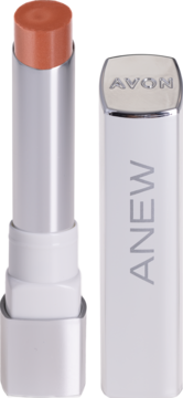 Avon Anew nude szminka, otwarta z wysuniętym sztyftem. Obok srebrno-biała zakrętka z logo AVON.