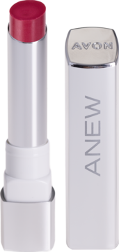 Otwarta szminka Avon Anew w intensywnym odcieniu różu, z białym opakowaniem, nakrętka z logo obok sztyftu.