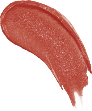 Kremowy swatch matowej pomadki w kolorze terakoty, widoczne pociągnięcia aplikatora. Zbliżenie.