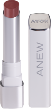 Avon Anew balsam do ust, widok na różowy sztyft i stojącą obok zamkniętą białą tubkę z logo.