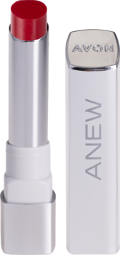 Czerwona szminka Avon Anew w srebrno-białej obudowie, widoczna sztyft i nakrętka z logo.