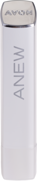 Biały sztyft do pielęgnacji Avon Anew ze srebrną, metaliczną nakrętką. Wytłoczone logo i nazwa linii.