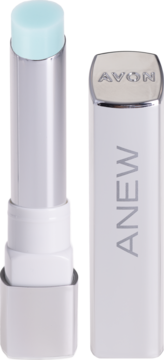 Avon Anew balsam do ust w sztyfcie, niebieski, w srebrnym etui, obok biała nakrętka.