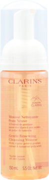Clarins Gentle Renewing Cleansing Mousse 150ml, pomarańczowa butelka z białym dozownikiem, widok z przodu.