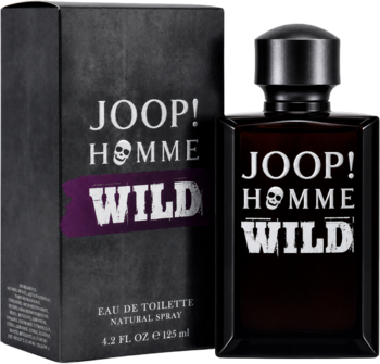 Joop! Homme Wild woda toaletowa męska, pikantno-drzewna. Ciemna butelka i pudełko z teksturowanym wykończeniem, przód.