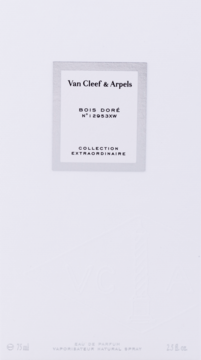 Białe pudełko perfum Van Cleef & Arpels Bois Doré 75ml, z szarą etykietą i tekstem, widok z przodu.