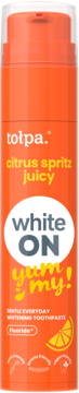 Tołpa White ON Yummy! Citrus Spritz Juicy wybielająca pasta do zębów, pomarańczowa tuba, widok z przodu.