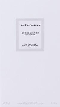 Białe opakowanie Van Cleef & Arpels Orchid Leather Collection Extraordinaire perfum unisex, widok z przodu.