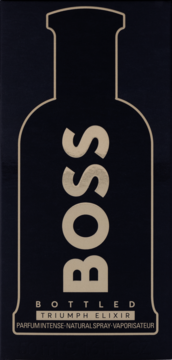 Ciemne opakowanie Boss Bottled Triumph Elixir z konturem butelki i złotym napisem BOSS. Męska woda perfumowana.