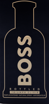 Męska woda perfumowana Boss Bottled Triumph Elixir, ciemne pudełko-butelka z złotym napisem.