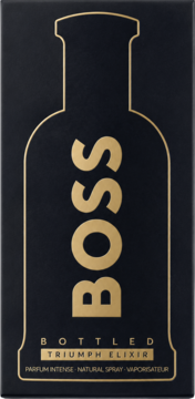Czarny kartonik perfum męskich Boss Bottled Triumph Elixir, złote logo BOSS i kontur butelki, widok z przodu.