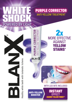 BlanX White Shock Purple Corrector Anti-Yellow Treatment kit, purple tube, LED bite for instant effect.