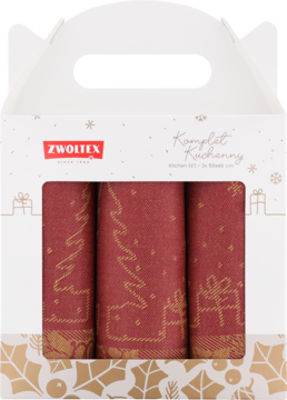 ZWOLTEX Komplet Kuchenny: 3 czerwone ręczniki kuchenne z choinkami i prezentami w świątecznym pudełku, widok z przodu.