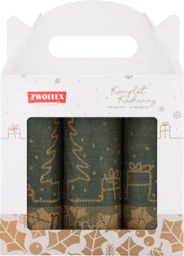 Zwoltex Komplet Kuchenny: zielono-złote bieżnik i 2 ściereczki świąteczne, w białym pudełku, widok z przodu.