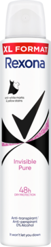 Biały antyperspirant Rexona Invisible Pure XL w sprayu, 48h, anti-white marks, 0% alkoholu, widok z przodu.