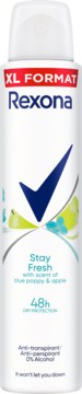 Antyperspirant Rexona Stay Fresh Blue Poppy & Apple XL w białym sprayu, widok z przodu, logo i napis 48h.