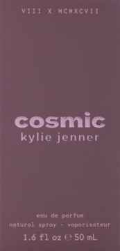 Kylie Jenner Cosmic eau de parfum 50 ml, fioletowe pudełko z białym napisem, widok z przodu.