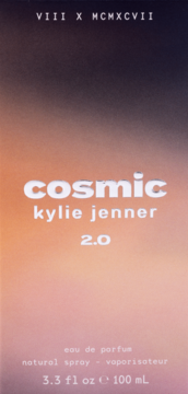 Woda perfumowana Cosmic 2.0 Kylie Jenner w pudełku z gradientem kolorów, widok z przodu, z białym napisem.