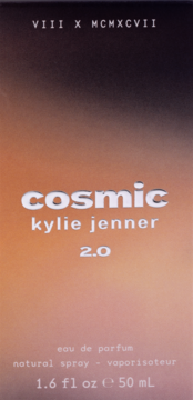 Pionowe opakowanie perfum Kylie Jenner Cosmic 2.0 eau de parfum 50ml, z pomarańczowo-brązowym gradientem.