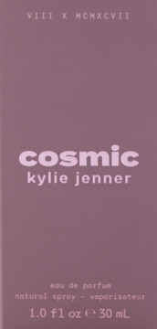 Kylie Jenner Cosmic perfumy, pudełko 30ml, matowy fiolet z jasnym napisem, na środku "cosmic" i "kylie jenner".