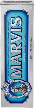 Front view Marvis Aquatic Mint toothpaste box. Silver, blue label, metallic 'MARVIS', ornate framed bust detail.