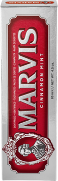 Marvis Cinnamon Mint pasta do zębów, czerwono-srebrne pudełko z portretem, pojemność 85ml, widok z przodu.