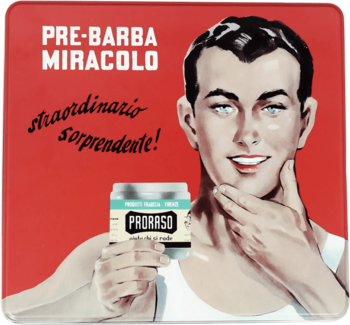 Vintage włoska reklama Proraso: uśmiechnięty mężczyzna z kremem Pre-Barba Miracolo na czerwonym tle.