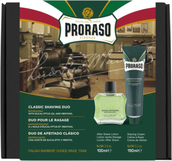 Proraso Classic Shaving Duo: zielono-czerwone opakowanie z kremem i wodą po goleniu. Eukaliptus, mentol, przód.