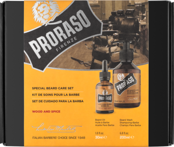Zestaw do brody Proraso Wood&Spice w pomarańczowo-czarnym pudełku z ciemnymi butelkami olejku i szamponu, widok z przodu.