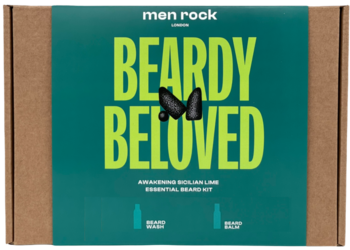 Men Rock Beardy Beloved zestaw do brody: szampon i balsam z sycylijską limonką, zielone pudełko, z przodu.
