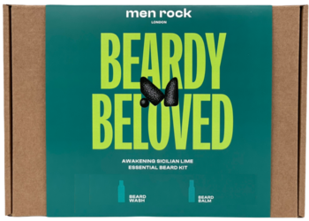 Men Rock Beardy Beloved zestaw do brody: szampon i balsam z sycylijską limonką, zielone pudełko, z przodu.