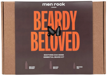 Brązowy zestaw Men Rock Beardy Beloved Essential Beard Kit (szampon, balsam, olejek), pomarańczowy napis, widok z przodu.