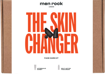 Zestaw Men Rock The Skin Changer, brązowe pudełko z białym logo i pomarańczowym napisem Face Care Kit, widok z przodu.