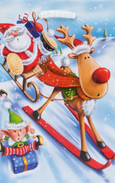 Kolorowa torba prezentowa z wizerunkiem Mikołaja na saniach, renifera na nartach i elfa z prezentem w śniegu.