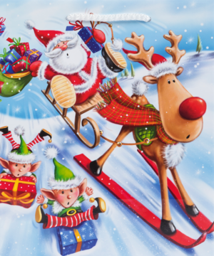 Wesoła świąteczna torba prezentowa: Mikołaj na saniach, renifer na nartach, elfy i prezenty na stoku.
