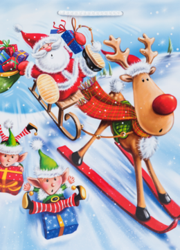 Świąteczna torba prezentowa z Mikołajem na sankach ciągniętym przez renifera na nartach i elfami na śniegu.