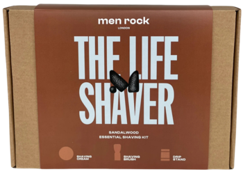 Men Rock The Life Shaver Sandalwood zestaw do golenia, brązowe pudełko z ciemnopomarańczową etykietą, widok z góry.
