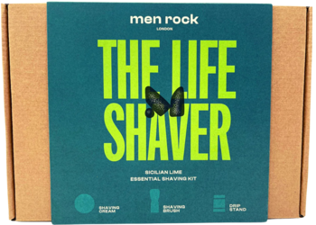 Zestaw Men Rock The Life Shaver Sicilian Lime. Zielona etykieta na brązowym pudełku, jaskrawozielony napis. Widok z góry.