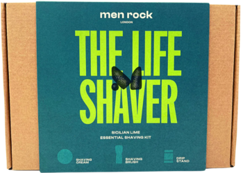 Zestaw Men Rock The Life Shaver Sicilian Lime. Zielona etykieta na brązowym pudełku, jaskrawozielony napis. Widok z góry.