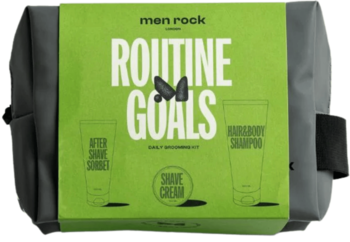 Men Rock Routine Goals zestaw do pielęgnacji: kosmetyczka z sorbetem, kremem do golenia i szamponem. Szara torba, zielona etykieta.