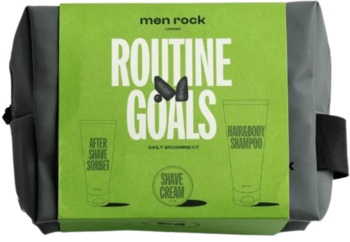 Men Rock Routine Goals zestaw do pielęgnacji: kosmetyczka z sorbetem, kremem do golenia i szamponem. Szara torba, zielona etykieta.