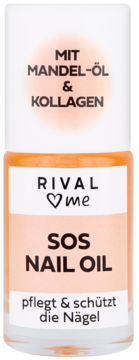 Rival Loves Me SOS olejek do paznokci, pomarańczowa butelka z białą etykietą. Widok z przodu, z olejem migdałowym i kolagenem.
