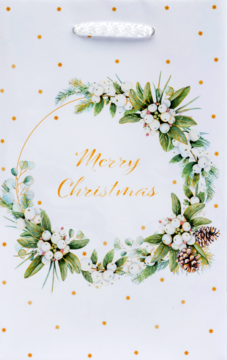 Biała torebka prezentowa ze złotymi kropkami, wiankiem z jemioły i napisem "Merry Christmas".