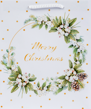 Biała torba świąteczna w złote kropki z napisem "Merry Christmas" otoczonym wieńcem z jemioły i szyszek, widok z przodu.