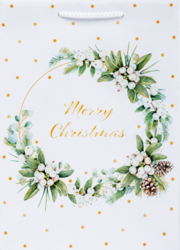 Biała torebka prezentowa z uchwytem, złotymi kropkami i napisem "Merry Christmas" w zielono-białym wieńcu.