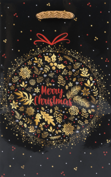 Czarna torba prezentowa ze złotą, plecioną rączką, z okrągłym złotym ornamentem 'Merry Christmas' i czerwonymi detalami.
