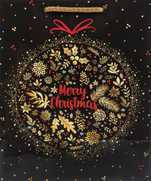 Czarna torebka prezentowa z dużą złotą bombką, świątecznymi motywami, napisem 'Merry Christmas' i złotą rączką.