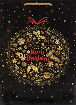 Czarna torba prezentowa ze złotym uchwytem, czerwoną kokardą i błyszczącą złotą bombką z napisem Merry Christmas.